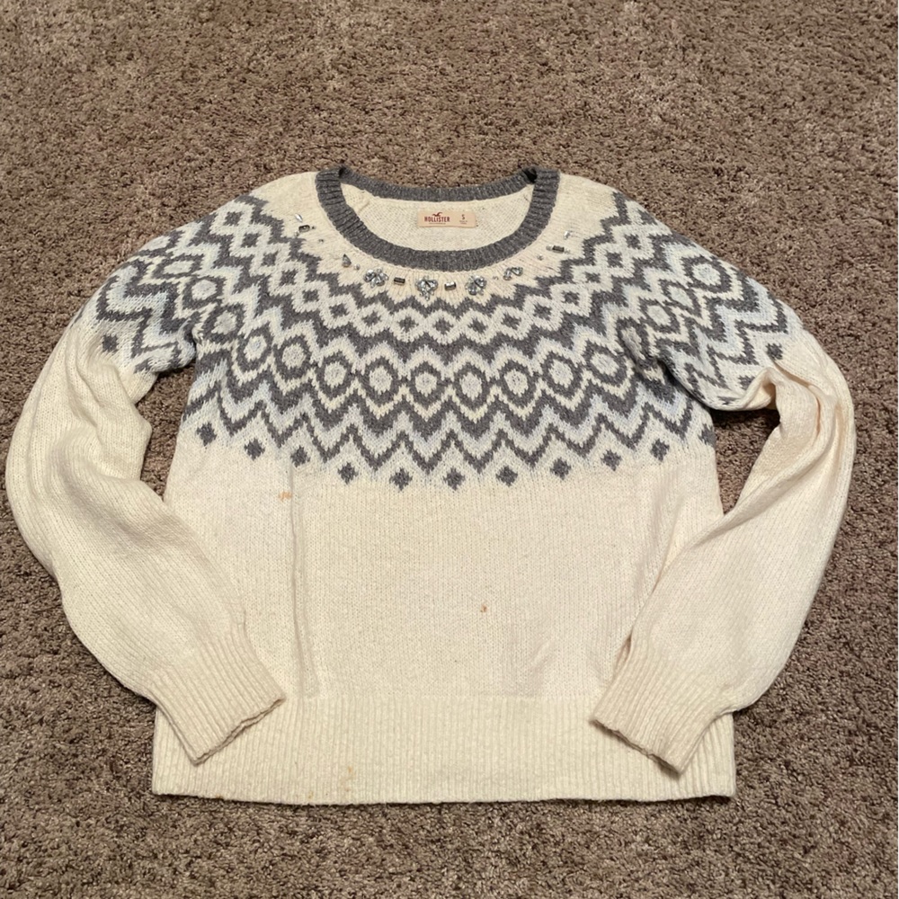 Hollister Cream, Gray, and Blue Sweater with Stones